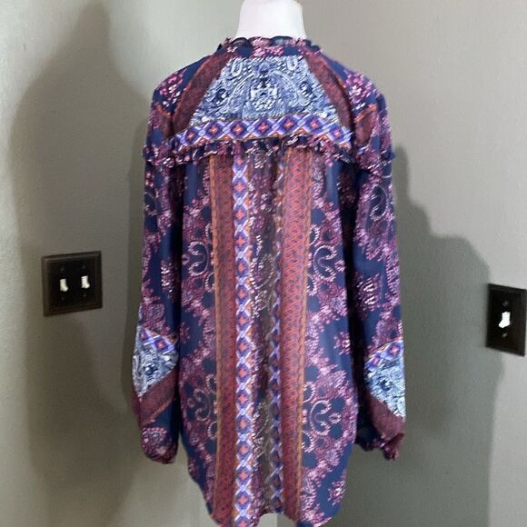 Knox Rose Sheer Ruffle Long Sleeve Blue Pink Boho Blouse - Picture 9 of 12